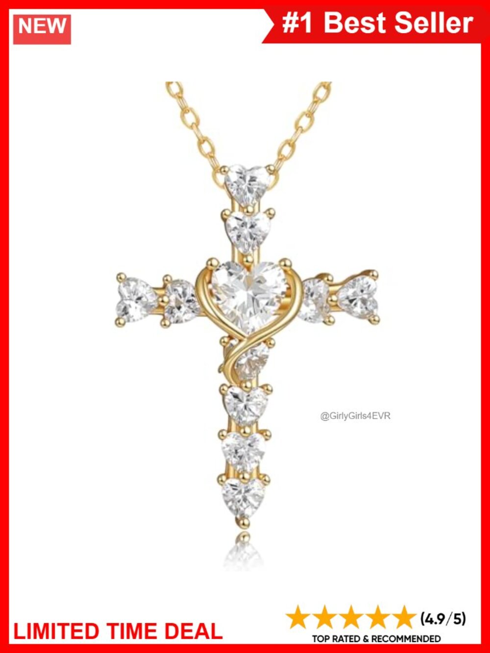 14K Gold Cross Pendant Necklace Heart Cut CZ Women Religious Gift